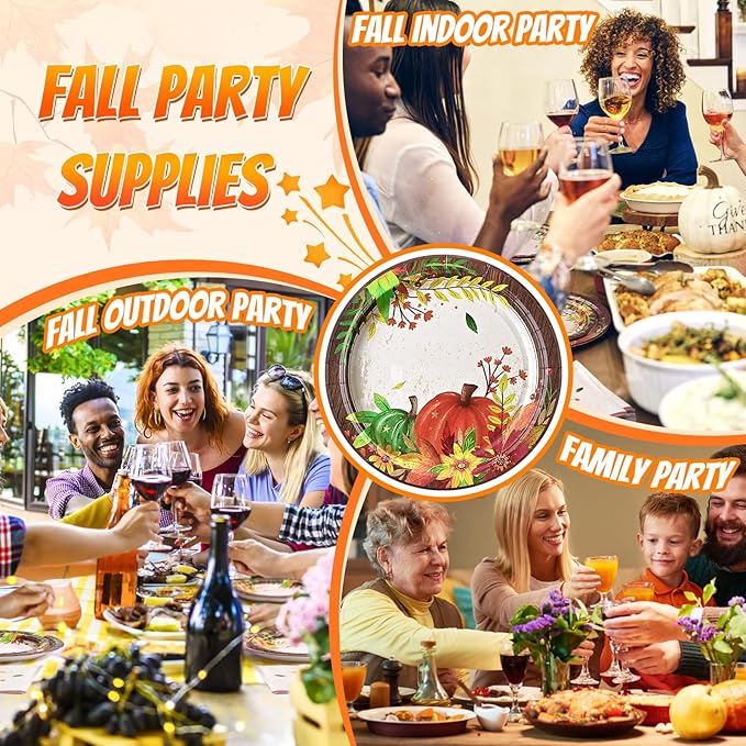 Homlouue 200 Pcs Fall Paper Plates and Napkins, Thanksgiving Plates and Napkins Sets, Fall Pumpkins Plate Disposable Party Supplies, Heavy Duty Thanksgiving Paper Plate Disposable (9" & 7" Plates)