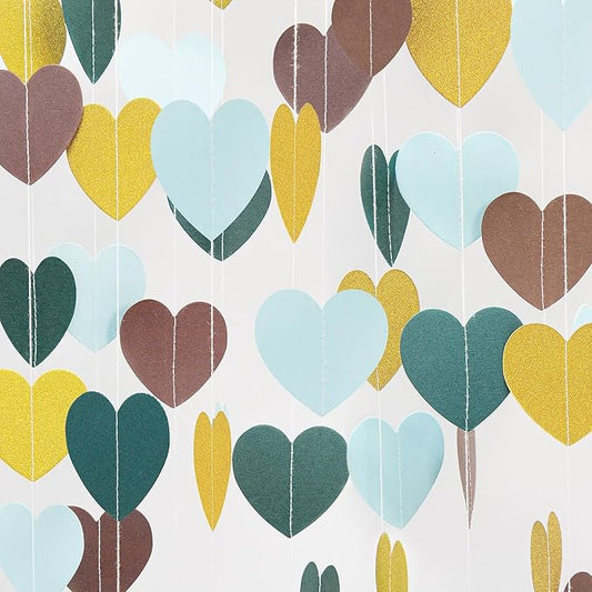 Sage-Green Gold Brown Party Decorations - 52Ff Paper Heart Streamers Gender Neutral Baby Shower Bridal Shower Garland Boho Birthday Rustic Decoration Woodland Theme Decor HongTongTong