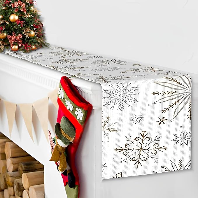 LTLYH Christmas Snowflake Table Runner – 13 x 72 Inch Winter Holiday Table Decor with Gold & Silver Snowflakes for Christmas Dining, New Year, Seasonal Home Decoration T011