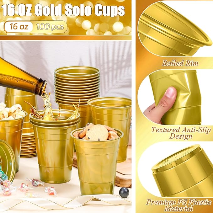 Dualshine 100 Pack Gold Plastic Cups 16 oz,Disposable Cups for Party,Heavy Duty Drinking Cups, Graduation Shot Cup for Wedding Birthday Beer Taste Serving Snack Sample Tastings Barbecues Picnic