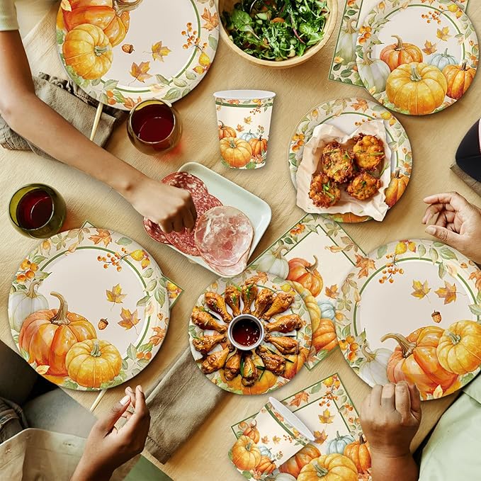 140Pcs Fall Party Supplies Tableware Set Retro Pumpkin Plates and Napkins, Thanksgiving Party Decorations Pumpkin Maple Leaf Paper Plates, Autumn Birthday Party Decor, Serve for 20 Guest