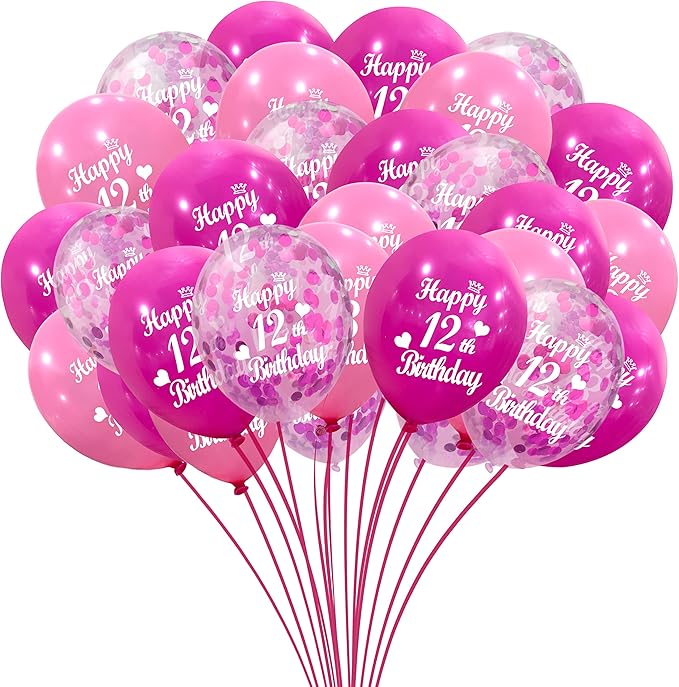 Jonhamwelbor 12th Birthday Latex Balloons Confetti Balloon Pink and Hot Pink Sweet 12th Party Decorations 30 Pack 12 Inch Helium Printed 12 Number With Happy Birthday Balloon for Girl
