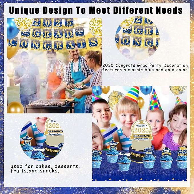 2025 Congrats Grad Party Decorations Blue and Gold Graduation Party Supplies with 2025 GRAD CONGRATS Banner Balloons Cake Toppers Tablecloth Plates Napkins Cups for Graduation Decorations