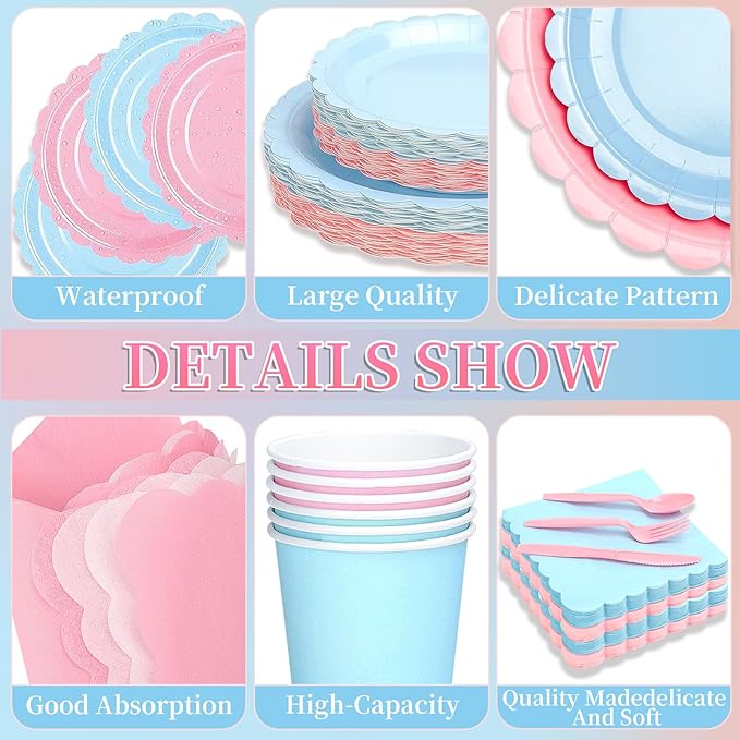 416 Pcs Pink And Blue Party Supplies - For 52 Guests Paper Plates And Napkins Knives Spoons Forks Cups - Disposable Small Scalloped Dinner Party Set Cutlery - For Baby Shower Bridal Shower Wedding