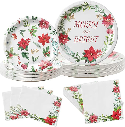 150Pcs Christmas Paper Plates and Napkins Disposable Heavy Duty Dinnerware Set Serve 50, Poinsettia Design Serving Platters, Merry & Bright Floral Tableware for Holiday Home Christmas Party Supplies