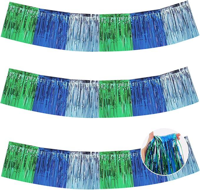 BEISHIDA 3 Packs Metallic Foil Fringe Garland Blue Green Wall Hanging Tinsel Fringe Banners for Car Floats Bridal Shower Wedding Birthday Easter Graduation Holiday Party Decoration(30 Feet)