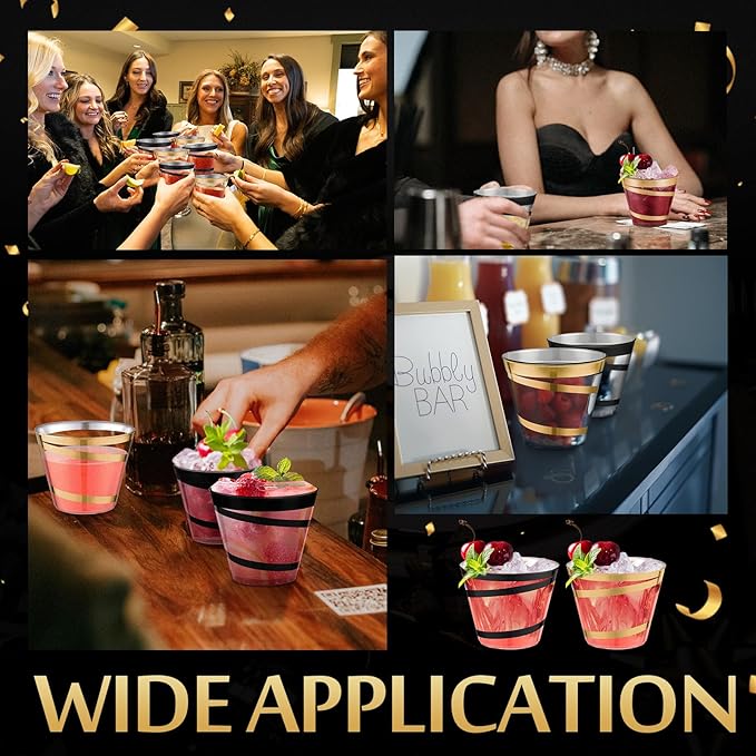 Gejoy 9 oz Rimmed Swirl Plastic Cups Disposable Wine Drinking Cups Clear Elegant Halloween Tumblers for Christmas Party Supplies(Black, Gold,50 Pcs)