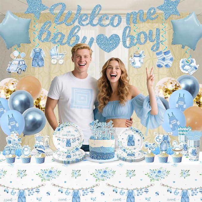175PCS Blue boy Baby Shower Decorations Birthday Decorations Disposable Plates Napkins Set, Banner, Hanging Swirls, Tablecloth, Cake Topper, Balloon, Honeycomb Centerpieces Table Decorations