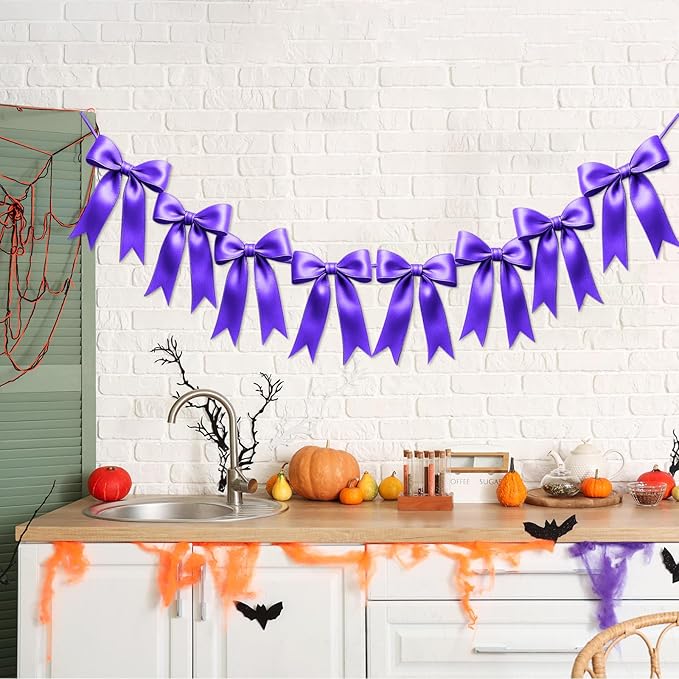1 String of 8PCS Purple Bow Garland Banner Decoration,Pre-Strung Satin Ribbon Ornaments for Birthday,Bachelorette Party,Bridal Shower,Wedding,Engagement,Baby Shower,Graduation Decor,Anniversary