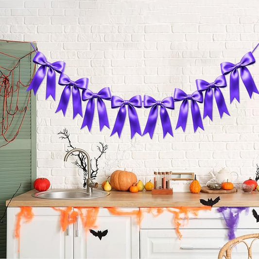 1 String of 8PCS Purple Bow Garland Banner Decoration,Pre-Strung Satin Ribbon Ornaments for Birthday,Bachelorette Party,Bridal Shower,Wedding,Engagement,Baby Shower,Graduation Decor,Anniversary