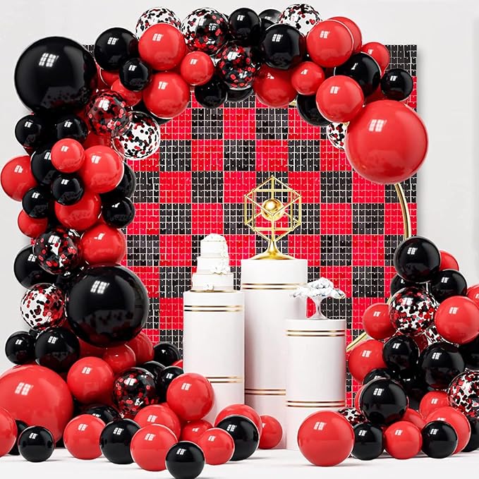 36 PCS Black Red Shimmer Wall Backdrop, Square Sequin Photo Backdrops Panel, Glitter Wall Background for Birthdays, Weddings, Halloween, Engagements, Disco Bachelorette Party Decoration (6FTx6FT)