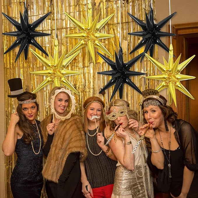 6PCS Black Gold Star Balloons, 22Inch Large Star Balloon Foil Balloons Spike Cone Balloon for Graduation Retirement Birthday New Year Party Decoration