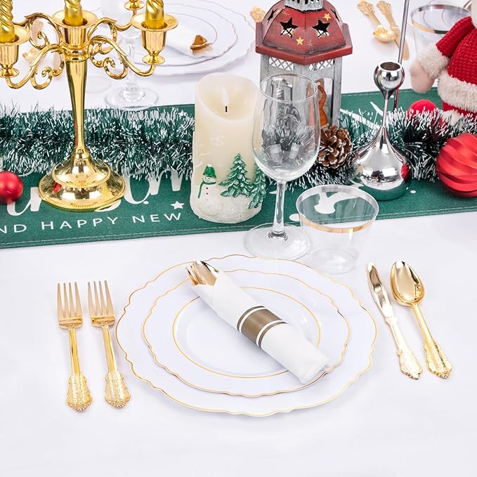 Liacere 350PCS Gold Plastic Plates-Disposable White and Gold Plates 50guest Baroque Plastic Dinnerware include 100Plates, 50Pack Pre Rolled Napkins with Silverware 50Cups for Wedding&Thanksgiving