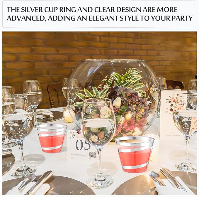 Gejoy 9 oz Rimmed Swirl Plastic Cups Disposable Wine Drinking Cups Clear Elegant Halloween Tumblers for Christmas Party Supplies(Silver,100 Pcs)