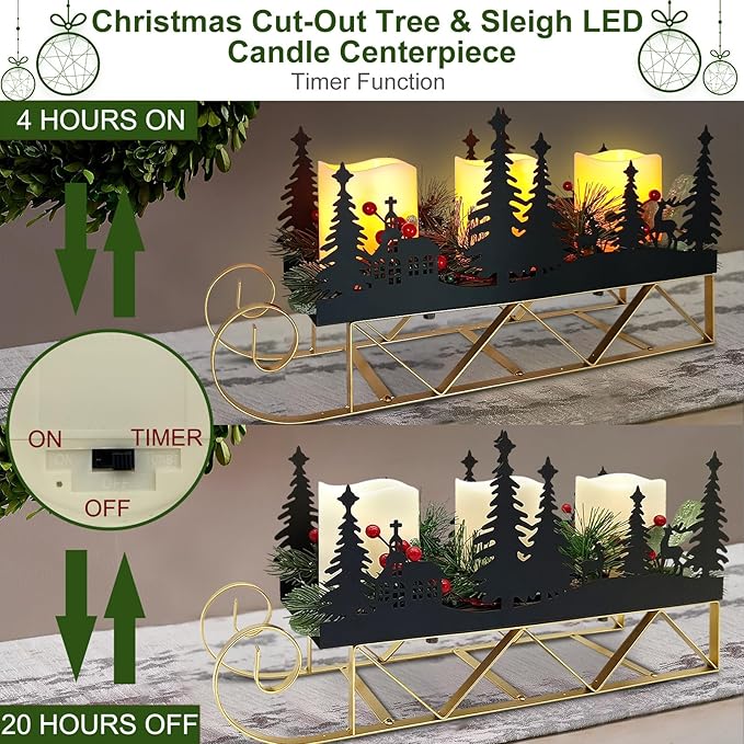 Christmas Centerpiece Table Decorations with Flickering Led Candle Lights Xmas Sleigh Silhouette Candelabrum for Dinning Room, Table, Fireplace, Mantel Holiday Decoration