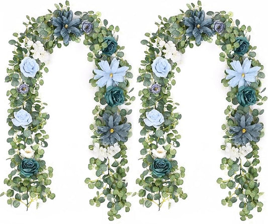 Waipfaru 2Pcs Artificial Eucalyptus Garland with Flowers 6.07Ft, Wedding Table Decorations, Floral Rose Garland for Centerpieces Backdrop Wall Flower Vines for Room Decor (Dusty Blue)