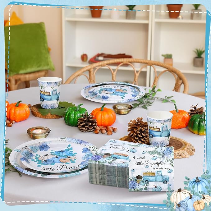 Hsei 250 Pcs a Little Pumpkin Plates and Napkins Party Decorations Disposable Tableware Sets Baby Shower Birthday Party Supplies Serves 50 Guests Dinnerware Baby Bridal Shower Favors