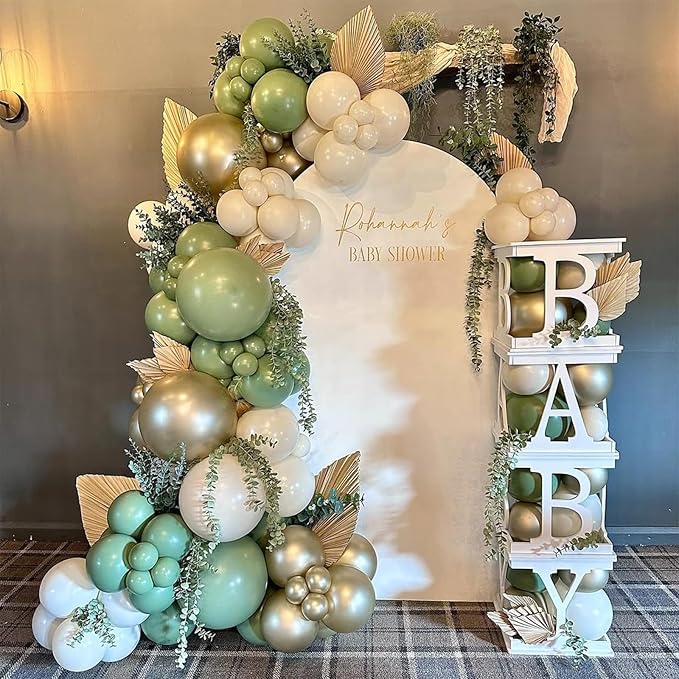 Sage Green Gold Balloons, 60 Pcs 12 Inch Olive Green White Balloons with Metallic Gold Confetti Balloon for Birthday Wedding Baby Shower Bridal Shower Engagement Anniversaries Party Decorations