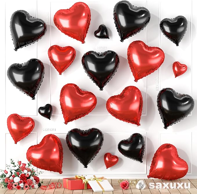 Red Black Heart Balloons, Heart Shaped Ballons, 20 Pcs 5/10/18 inch Red Black Foil Love Balloons for Valentine's Day Decorations Wedding Engagement Bridal Showers Anniversary Celebrations