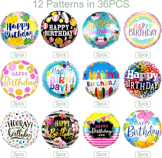 36PCS Happy Birthday Foil Balloons, 18" Round Helium Party Balloon Floating Inflatable Happy Birthday Balloons for Kids Birth Parties Baby Shower Decoration Supplies