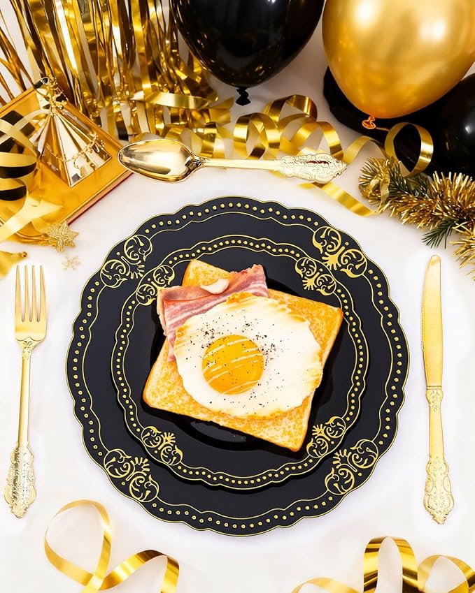 Ciaell 175 PCS Black and Gold Plastic Plates - Black Disposable Dinnerware Set with 50 Plates, 25 Knives, 25 Forks, 25 Spoons, 25 Cups, 25 Napkins for New Year’s Day, Parties and Weddings