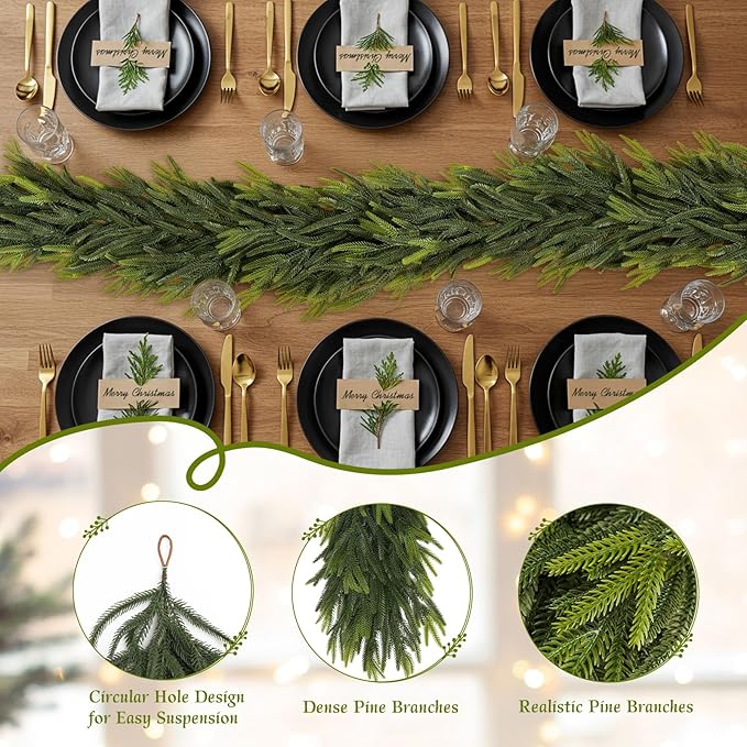 N&T NIETING 6FT Christmas Norfolk Pine Garland Real Touch Pine Artificial Faux Greenery Garlands Winter Christmas Garland for Table Mantle Fireplace Holiday Indoor Outdoor Xmas Decorations (6 Pcs)