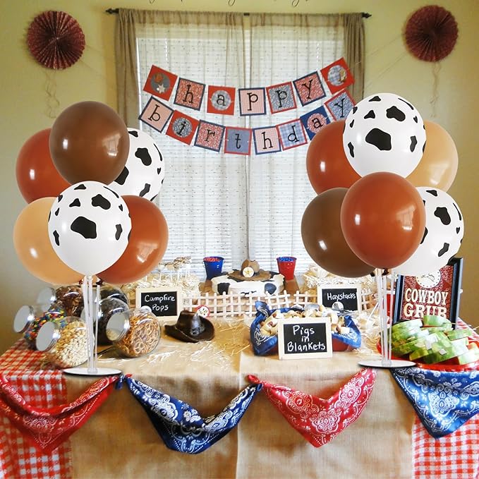 TONIFUL 4 Set Western Balloon,Brown Nude Cow Print Latex Cowboy Balloon Stand Centerpiece Table Decorations for Farm Cowboy Western Baby Shower Birthday Party Decorations