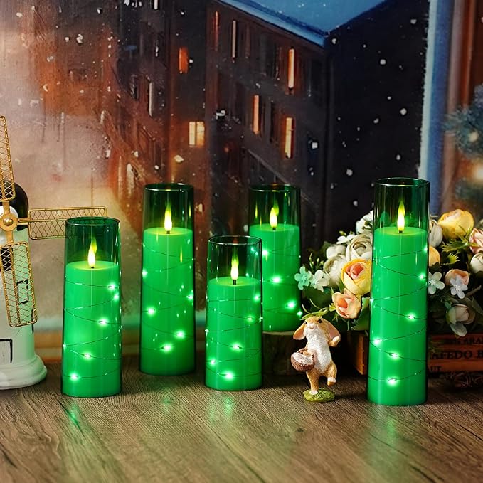 Flameless LED Candles with Timer 5 Pc Flickering Flameless Candles for Romantic Ambiance and Home Decoration Stable Acrylic Shell,with Embedded Star String，Battery Operated Candles（Green）