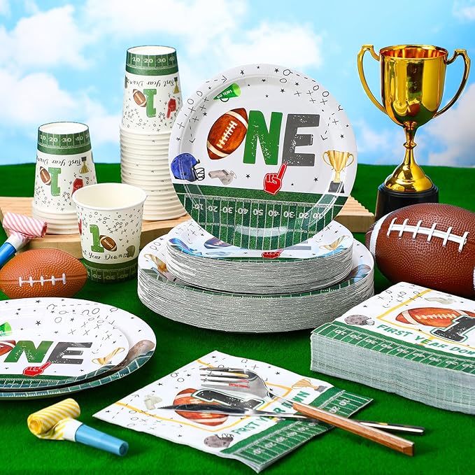 Hsei 250 Pcs First Year Football Plates and Napkins Party Decorations Disposable Tableware Sets Baby Shower Birthday Party Supplies Serves 50 Guests Dinnerware Baby Bridal Shower Party Favors