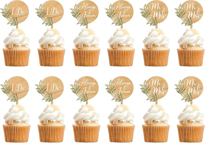 Mr & Mrs Cake Topper & 12 PCS Wedding Cupcake Toppers Green Wedding Decorations in Wood
