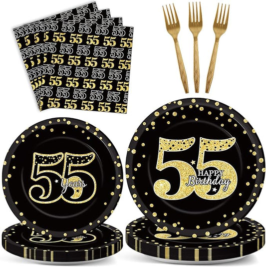 96 Pcs 55th Birthday Party Supplies 55th Birthday Tableware Plates Cheers to 55 Years Table Decorations Dinnerware Happy 55th Birthday Party Favor for Men Woman Fifty-five Years Birthday 24 Guests