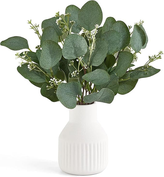 Dahey Artificial Eucalyptus Stems in Small Ceramic Vase Centerpiece Table Decorations Modern Farmhouse Decor Fake Eucalyptus Plants with Vase for Bathroom Kitchen Shelf Living Room Home Decor, White