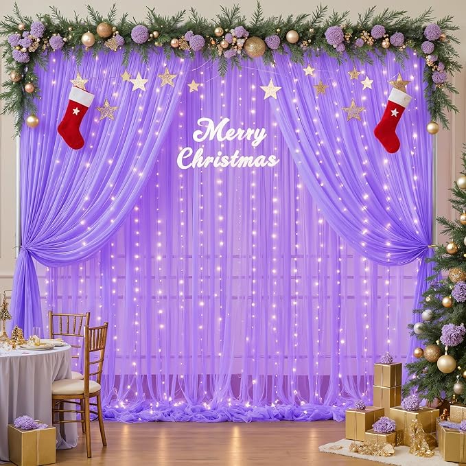 Purple Backdrop Curtains with Lights String for Wedding Birthday Party 10ft×10ft Sheer Tulle Backdrop Curtain for Bridal Shower Baby Shower Photo Shoot Background Wall Decorations 2 Panels 5×10ft