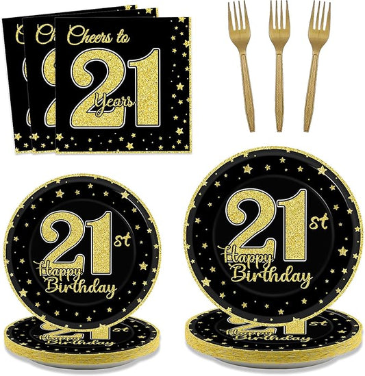 96 Pcs 21st Birthday Party Supplies for 24 Guests Cheers to 21 Years Tableware Table Decorations Black Gold 21st Birthday Plates Napkins Dinnerware for Boys Girls 21 Years Old Party Favor