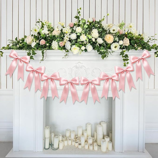 1 String of 8PCS Pink Bow Garland Banner Decoration,Pre-Strung Satin Ribbon Ornaments for Birthday,Bachelorette Party,Bridal Shower,Wedding,Engagement,Baby Shower,Graduation Decor,Anniversary