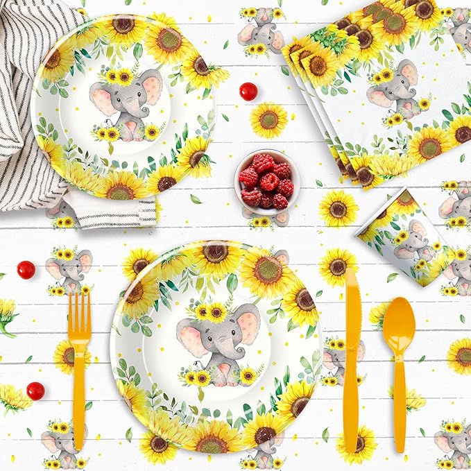 Xigejob Elephant Baby Shower Party Supplies - Elephant Baby Shower Birthday Decorations Tableware Include Plates, Cups, Napkins, Tablecloth, Cutlery, Straws | Serves 24