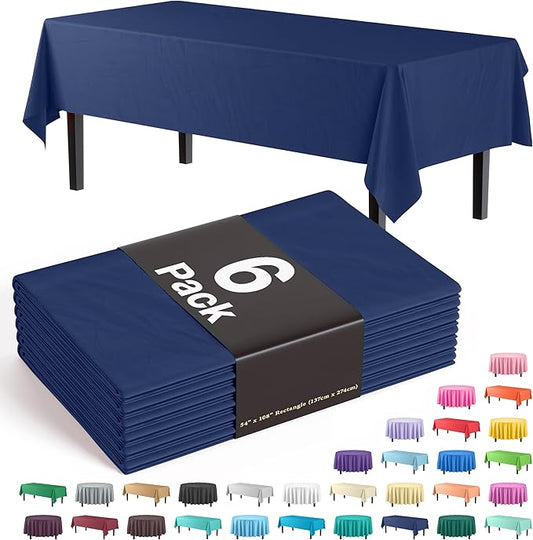 Party Solids 6-Pack Premium Plastic Tablecloth 54in. x 108in. Rectangle Plastic Table Cover - Navy