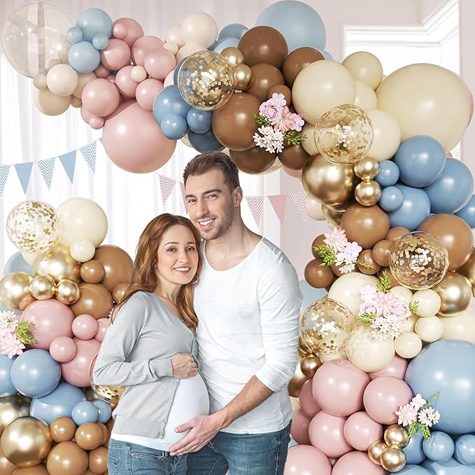 148Pcs Dusty Pink Blue Brown Yellow Balloon Arch Garland Kit, Retro Pink Dusty Blue Brown Pastel Yellow Gold Confetti Balloons for Baby Shower Wedding Engagement Birthday Party Decorations