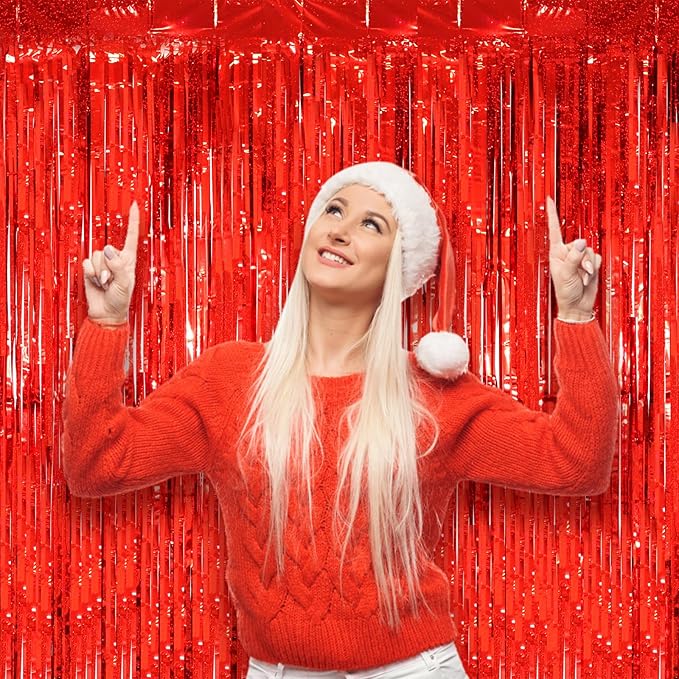 2 Pack Red Tinsel Foil Fringe Curtains, Red Party Decorations, Metallic Tinsel Party Streamers Backdrop for Birthday Casino Christmas Graduation Carnival Valentine's Party Decorations