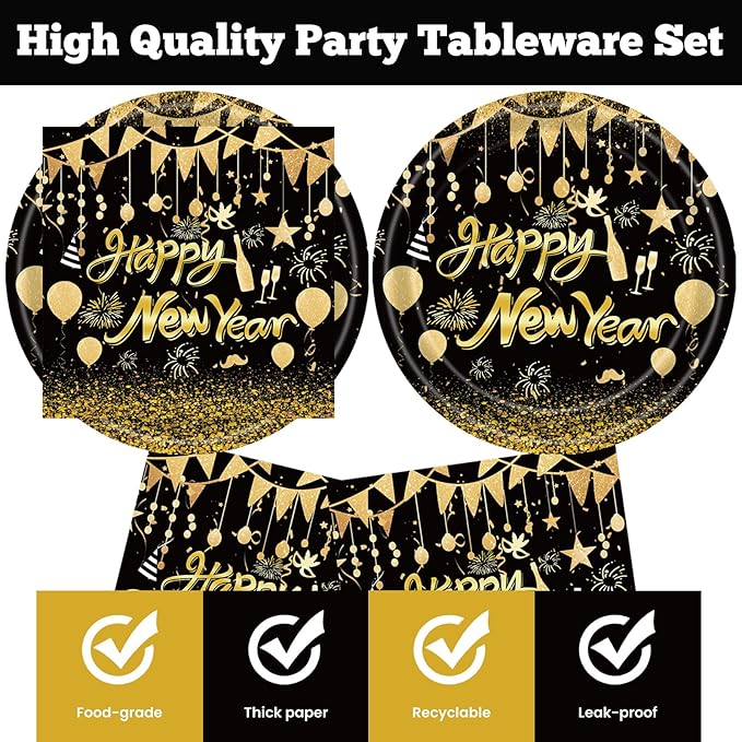 40Pcs 2026 Happy New Year Paper Plates and Napkins Party Supplies, Disposable New Years Eve Plates Napkins Dinnerware Set for New Years Party Decorations