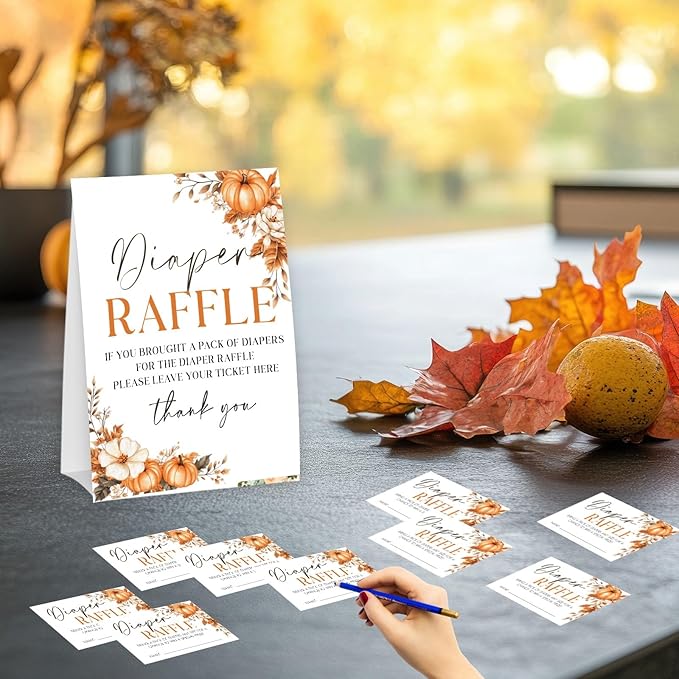 Autumn Pumpkin Diaper Raffle Tickets and Sign, Thanksgiving Baby Shower Card Set (1 Sign and 50 Cards), Fall Gender Reveal Party Favor Supplies -A04
