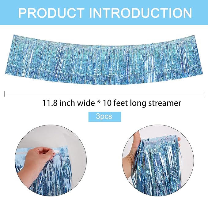 BEISHIDA 3 Packs Metallic Foil Fringe Garland Laser Light Blue Wall Hanging Tinsel Fringe Banners for Car Floats Bridal Shower Wedding Birthday Easter Graduation Holiday Party Decoration(30 Feet)