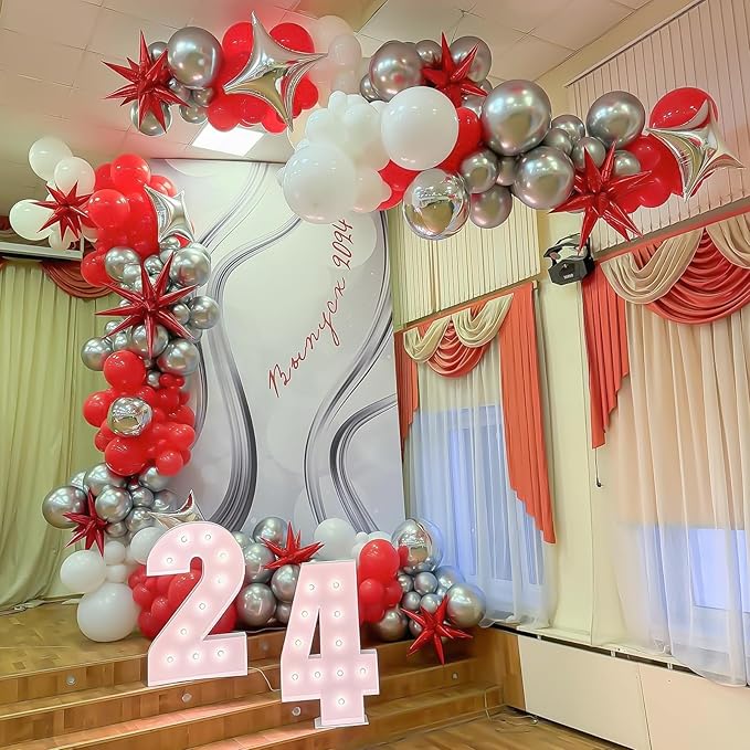 Red Silver Star Balloons Kit with 6pcs 22in Cone Foil Balloons and 10pcs 10in Four Pointed Star Balloons for Birthday New Year Christmas Anniversary Disco Party Decorations