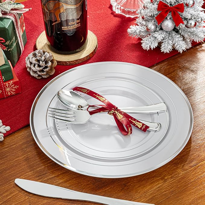 350Piece Silver Plastic Dinnerware Set for 50 Guests - Silver Plastic Plates with Cutlery Include:50Dinner Plates-50Dessert Plates-50Pre Rolled Napkins with Silverware for Christmas