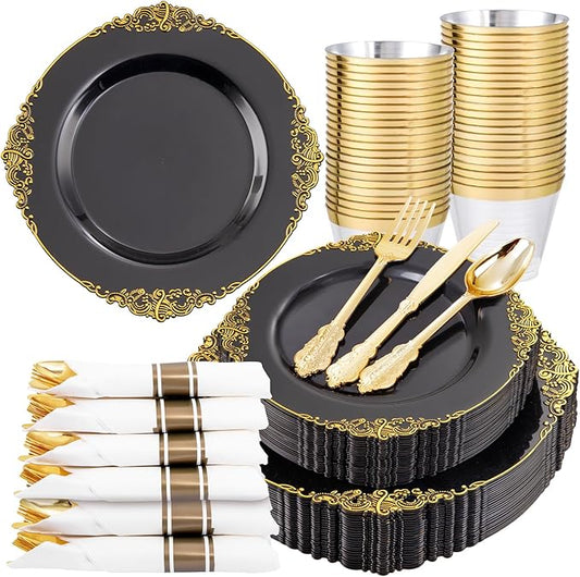 Nervure 175PCS Black Plastic Plates - Disposable Black Gold Party Plates & Pre Rolled Napkins with Cutlery for 25 Guests, 50Plates, 75Silverware, 25Cups, 25Napkin for Wedding & Party & New Year