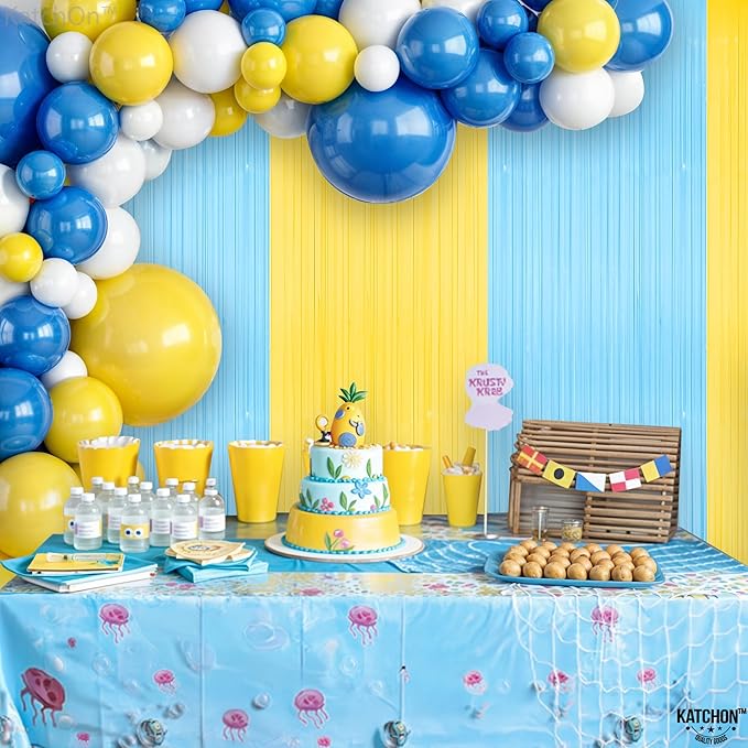 Katchon, Light Blue and Yellow Fringe Backdrop - Feet, Pack of 2 | Blue and Yellow Birthday Decorations, Easter Backdrop Curtain | Sponge Party Decorations, Baby Shower Decorations for Home