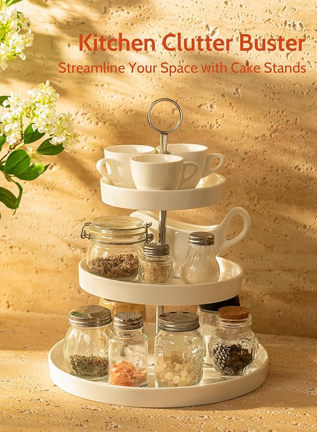 Sweese Porcelain 3-Tier Cupcake Stand - Elegant White Cake Stand for Desserts, Tiered Serving Tray for Parties, Weddings, Birthdays - Durable Stainless Steel Rods