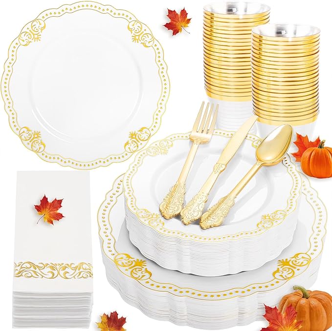 Ciaell 175 PCS White and Gold Plastic Plates - Fancy Gold Disposable Dinnerware Set with of 50 Plastic Plates, 25 Knives, 25 Forks, 25 Spoons, 25 Cups, 25 Napkins for Wedding, Party &Thanksgiving