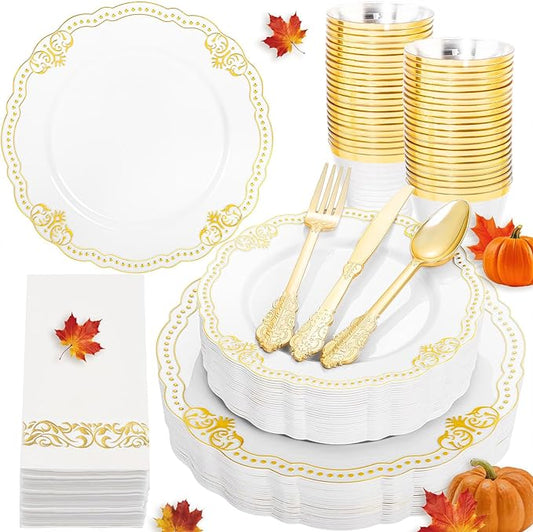 Ciaell 175 PCS White and Gold Plastic Plates - Fancy Gold Disposable Dinnerware Set with of 50 Plastic Plates, 25 Knives, 25 Forks, 25 Spoons, 25 Cups, 25 Napkins for Wedding, Party &Thanksgiving