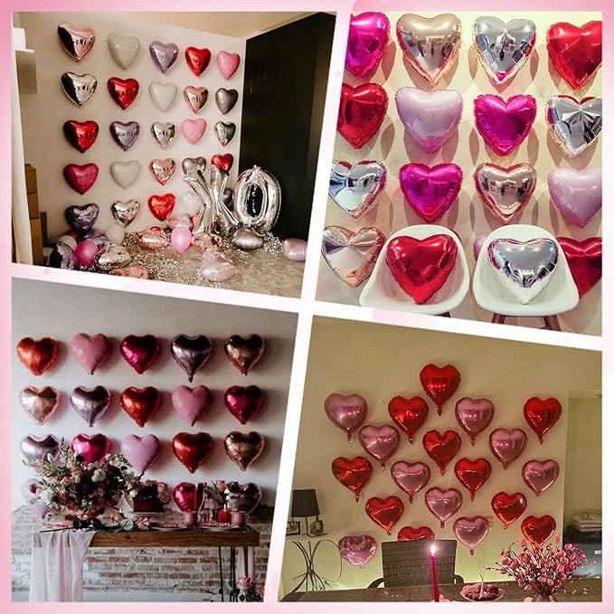 Hot Pink Black Heart Balloons, Heart Shaped Ballons, 20 Pcs 5/10/18 inch Pink Black Foil Love Balloons for Valentine's Day Wedding Engagement Bridal Showers Anniversary Celebrations